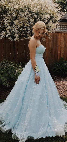 Strapless Elegant Long Prom Dresses, Lace Prom Dresses, 2020 A-line Prom Dresses