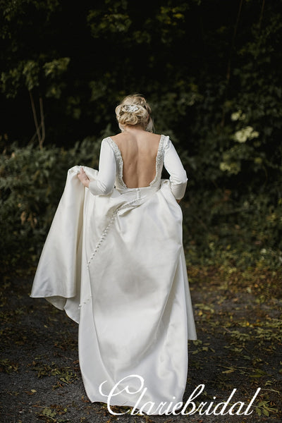 Backless Long Sleeves Ivory Satin Beaded A-line Wedding Dresses