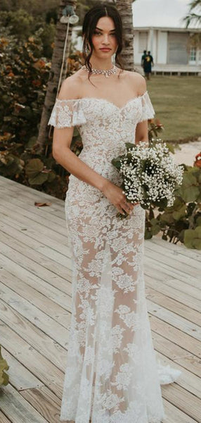 Off The Shoulder See Through Popular Wedding Dresses, Lace 2020 Wedding Dresses