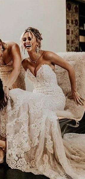 Strapless Lace Long Wedding Dresses, Sweetheart Modest Wedding Dresses