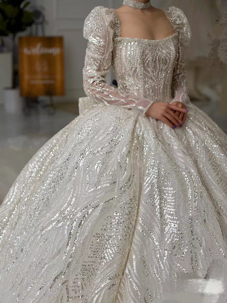 Long Sleeves Luxury Bling Wedding Dresses, Shiny A-line Quality Bridal Gowns