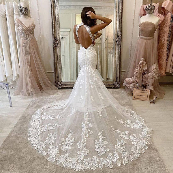 Fashion Newest Mermaid Wedding Dresses, Open Back Lace Wedding Dresses