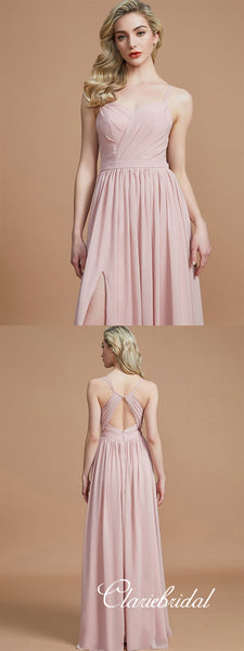 Spaghetti Long A-line Blush Pink Side Slit Chiffon Bridesmaid Dresses