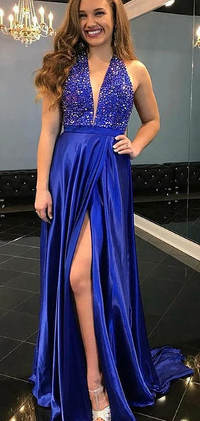 Royal Blue Halter Rhinestones Long Prom Dresses, High Slit Newest Prom Dresses