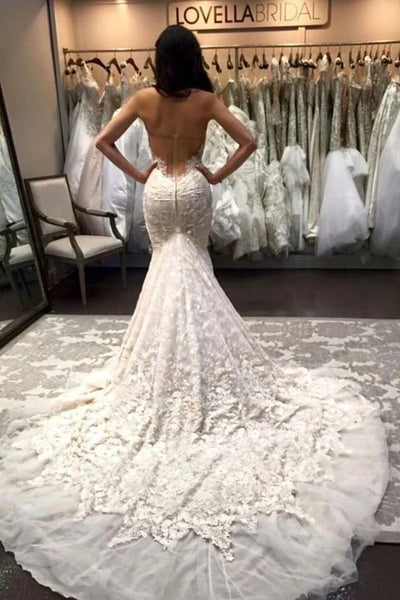 Sweetheart Strapless Long Wedding Dresses, 2020 Popular Lace Mermaid Wedding Dresses