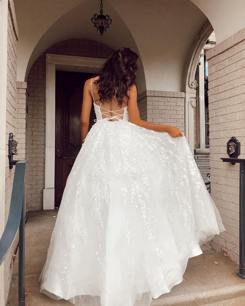 White Color Spaghetti Straps A-line Long Prom Dresses, Lace Popular Wedding Dresses