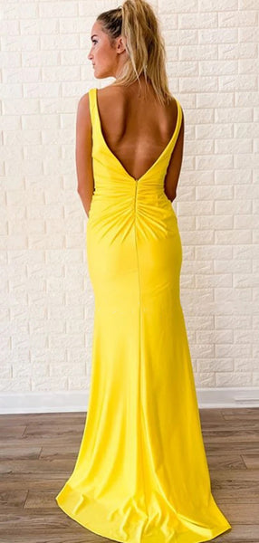 Yellow Color Newest Long Prom Dresses, Side Slit Popular 2020 Prom Dresses