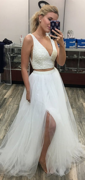 Two Pieces V-neck Prom Dresses, High Slit Beaded Prom Dresses, 2020 Prom Dresses