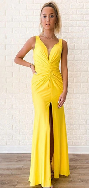 Yellow Color Newest Long Prom Dresses, Side Slit Popular 2020 Prom Dresses