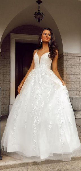 White Color Spaghetti Straps A-line Long Prom Dresses, Lace Popular Wedding Dresses
