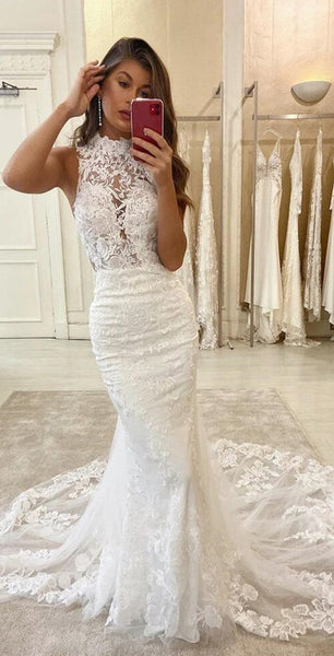 Fashion Newest Mermaid Wedding Dresses, Open Back Lace Wedding Dresses