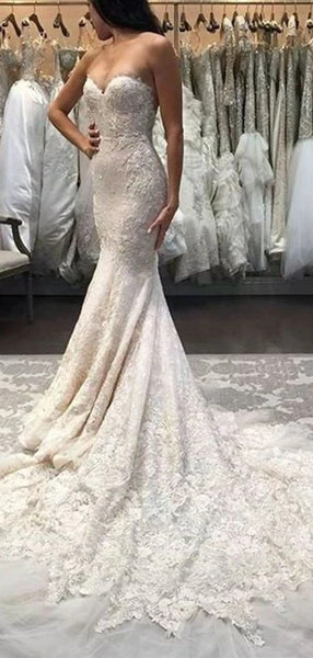 Sweetheart Strapless Long Wedding Dresses, 2020 Popular Lace Mermaid Wedding Dresses