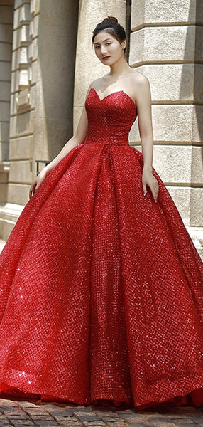 Strapless Sweetheart A-line Sequins Long Prom Dresses, Red Color Popular Bridal Gowns, Wedding Dresses