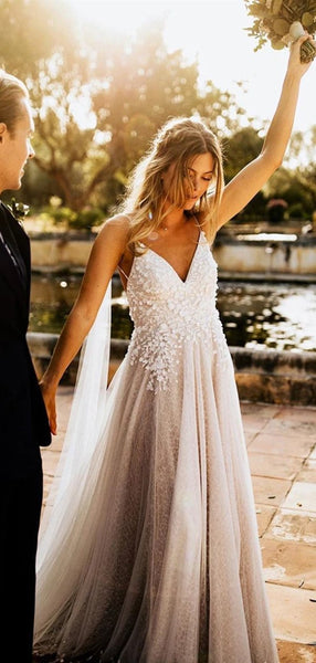 Spaghetti Long A-line Lace Appliques Wedding Dresses, Country Wedding Dresses, Bridal Gown