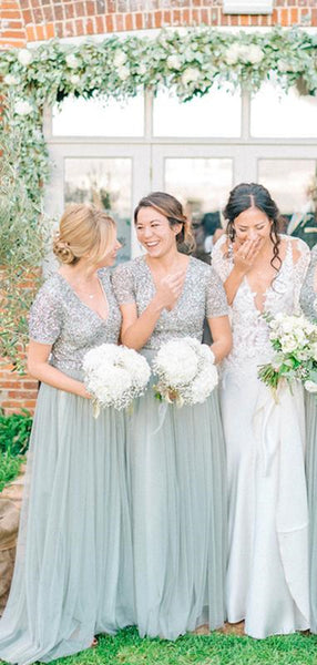 Sequins Popular Long Bridesmaid Dresses, 2020 V-neck Bridesmaid Dresses