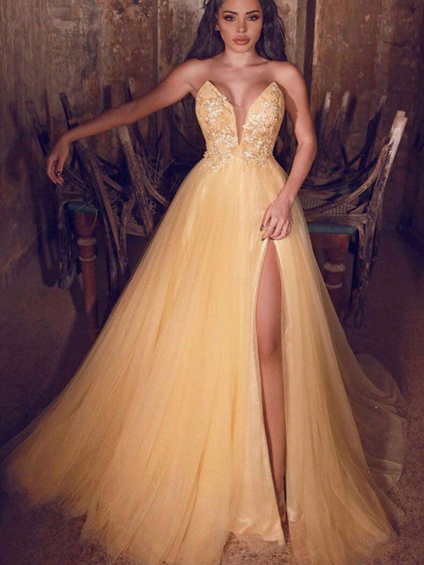 High Side Slit Tulle 2020 Prom Dresses, Lace Strapless Long Prom Dresses