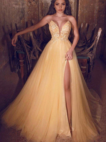 High Side Slit Tulle 2020 Prom Dresses, Lace Strapless Long Prom Dresses