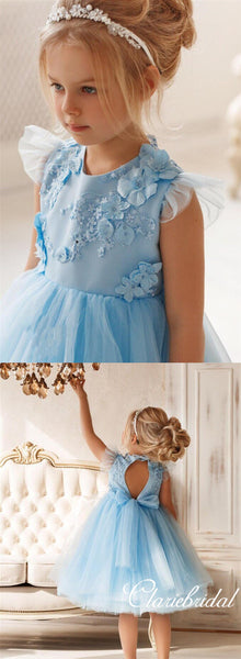 Lovely Cap Sleeves Pale Blue Tulle Appliques Flower Girl Dresses