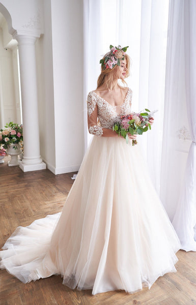 V-back Lace Tulle A-line Long Wedding Dresses, Elegant Lace Bridal Gowns