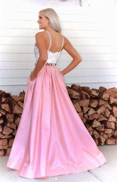 Two Pieces Lace Long Prom Dresses, A-line Satin Newest Prom Dresses