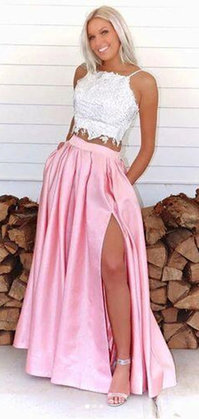 Two Pieces Lace Long Prom Dresses, A-line Satin Newest Prom Dresses