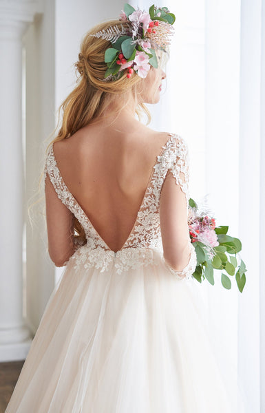 V-back Lace Tulle A-line Long Wedding Dresses, Elegant Lace Bridal Gowns