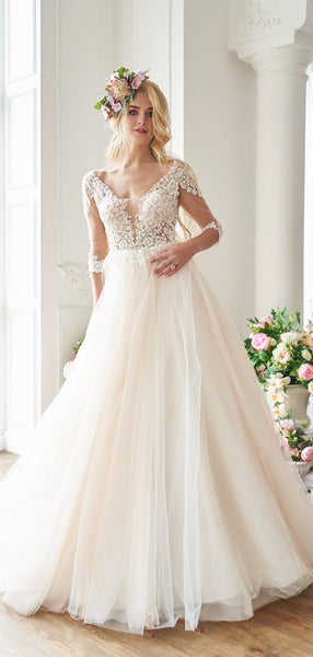 V-back Lace Tulle A-line Long Wedding Dresses, Elegant Lace Bridal Gowns