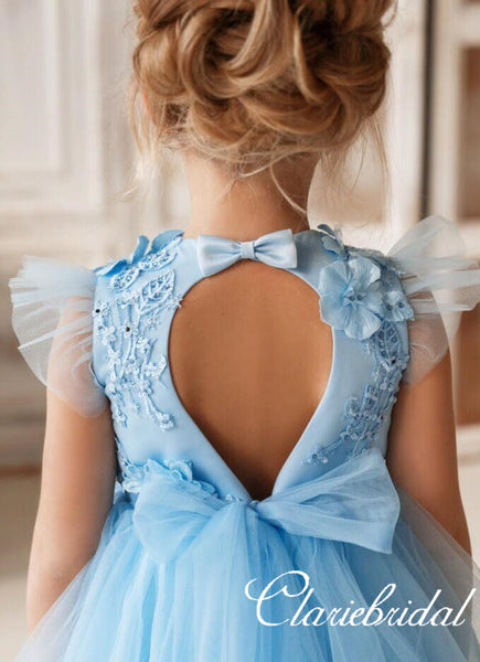 Lovely Cap Sleeves Pale Blue Tulle Appliques Flower Girl Dresses