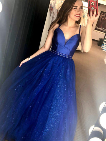 Royal Blue Satin Tulle Prom Dresses, Long Prom Dresses, Shiny Tulle Saprkle Prom Dresses