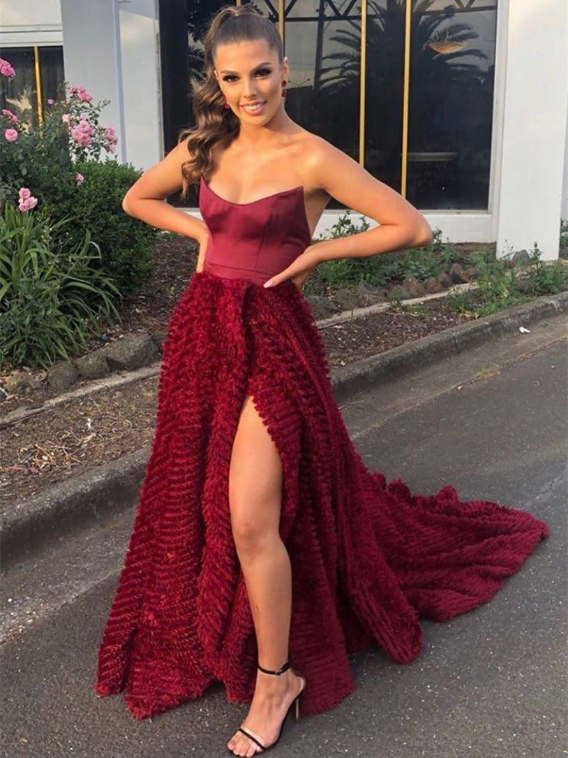 Strapless Long A-line Dark Red Prom Dresses, Side Slit Prom Dresses, 2021 Prom Dresses