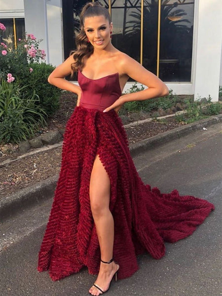 Strapless Long A-line Dark Red Prom Dresses, Side Slit Prom Dresses, 2021 Prom Dresses
