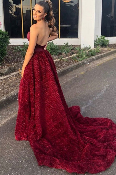 Strapless Long A-line Dark Red Prom Dresses, Side Slit Prom Dresses, 2021 Prom Dresses