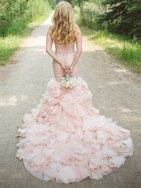 Sweetheart Long Mermaid Blush Pink Wedding Dresses, Organza Wedding Dresses, Lace Up Wedding Dresses