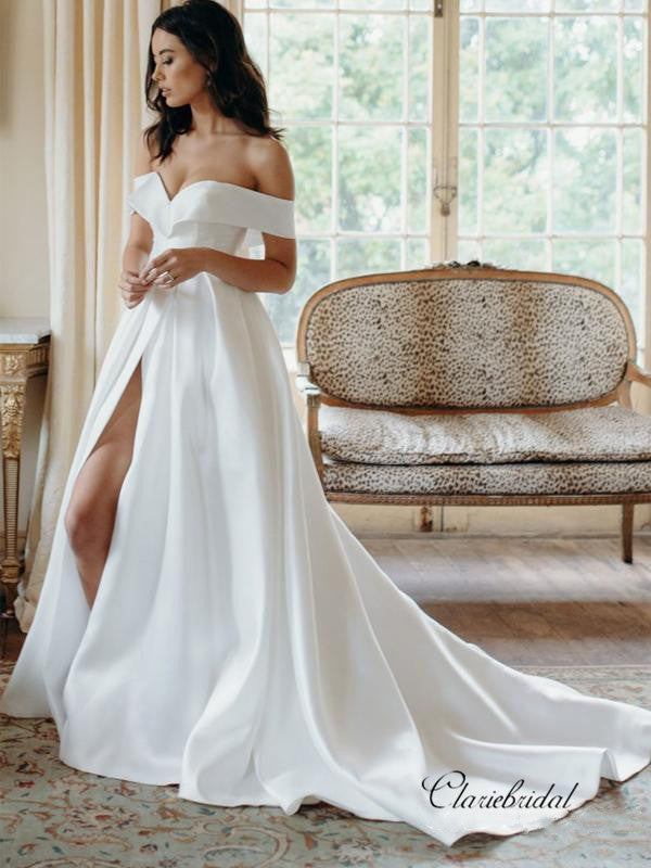 Off The Shoulder Popular Wedding Dresses, Slit Satin Wedding Dresses