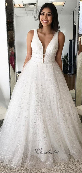 V-neck Glitter Long Prom Dresses, Shiny 2020 Prom Dresses, Fashion Prom Dresses