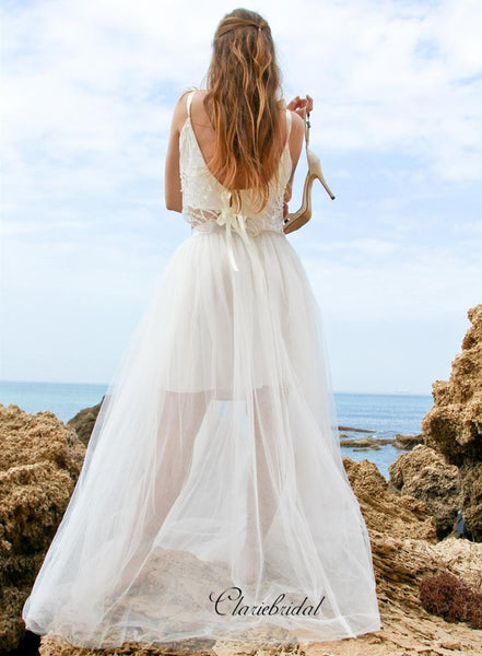 Two Pieces Wedding Dresses, Spaghetti Straps Beaded 2020 Wedding Dresses