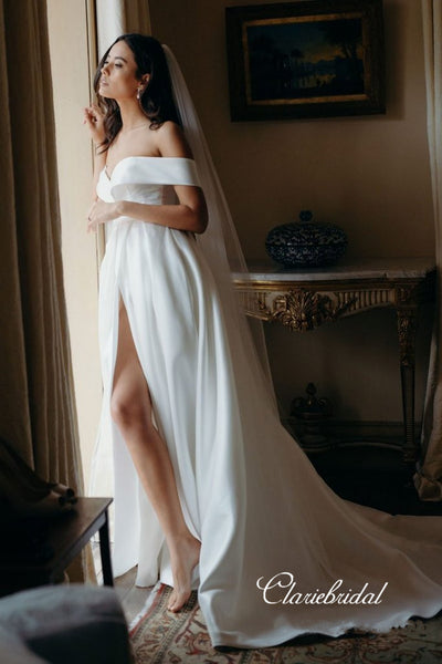 Off The Shoulder Popular Wedding Dresses, Slit Satin Wedding Dresses