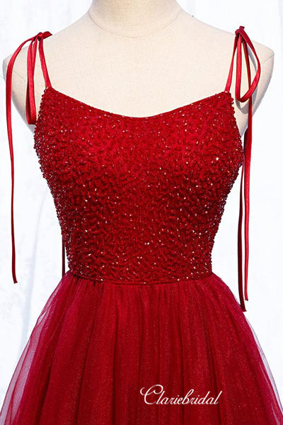 Red Color Tulle Prom Dresses, Beaded A-line Prom Dresses, Popular Newest Prom Dresses