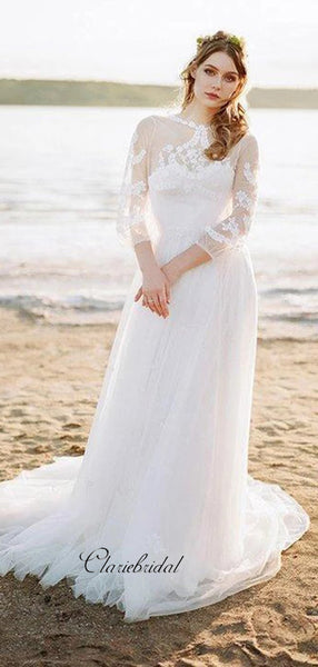 Long Sleeves Lace Wedding Dresses, A-line Beach Wedding Dresses