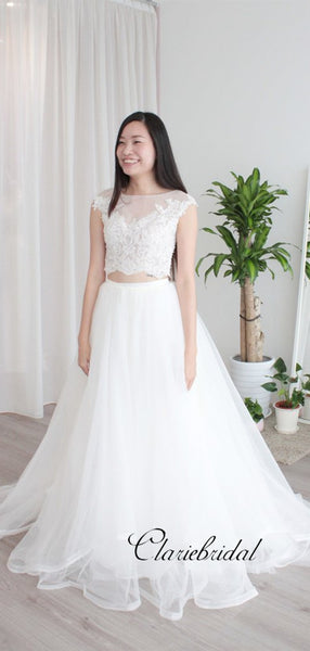 Cap Sleeves Two Pieces Lace Wedding Dresses, A-line Tulle Wedding Dresses