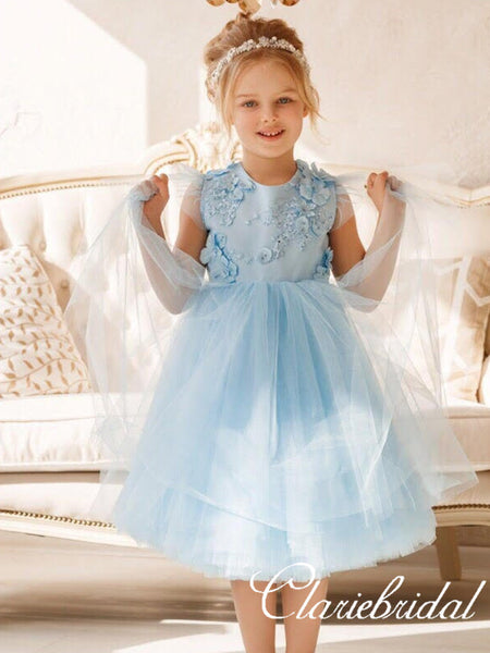 Lovely Cap Sleeves Pale Blue Tulle Appliques Flower Girl Dresses