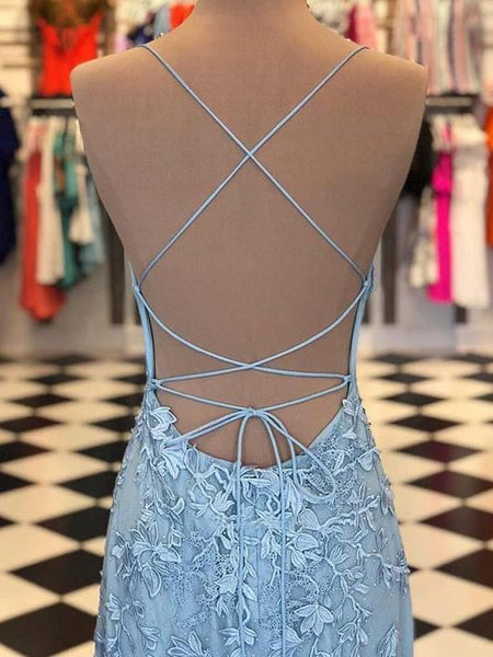 Spaghetti Long Sheath Light Blue Lace Prom Dresses, Long Prom Dresses, Prom Dresses