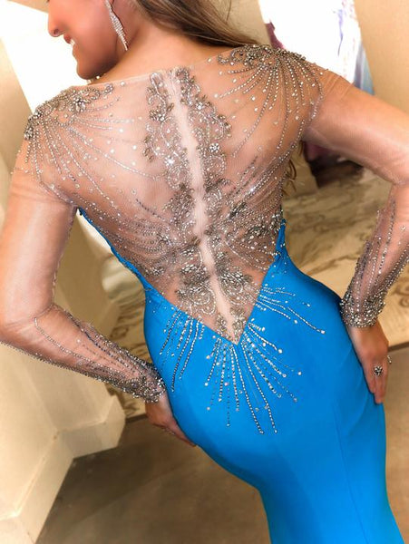 V-neck Long Sleeves Satin Beaded Prom Dresses, Mermaid Prom Dresses, 2021 Prom Dresses