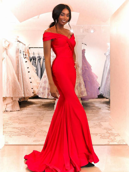 Off Shoulder Red Mermaid Prom Dresses, Simple Satin 2021 Prom Dresses, Long Prom Dresses