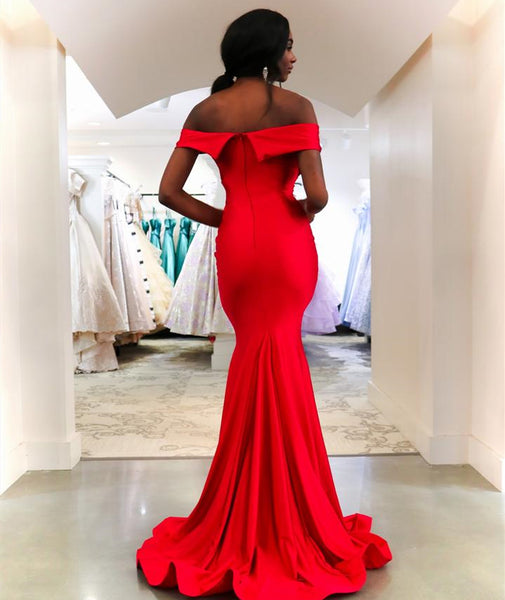 Off Shoulder Red Mermaid Prom Dresses, Simple Satin 2021 Prom Dresses, Long Prom Dresses