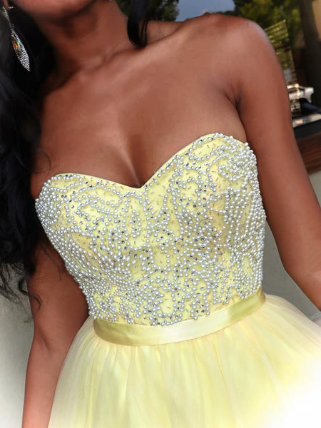 Sweetheart Long A-line Yellow Tulle Beaded Prom Dresses, Lovely Prom Dresses, 2021 Prom Dresses
