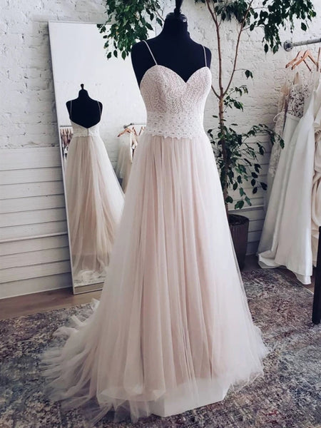 Spaghetti Long A-line Wedding Dresses, Lace Top Wedding Dresses, Blush Pink Wedding Dresses