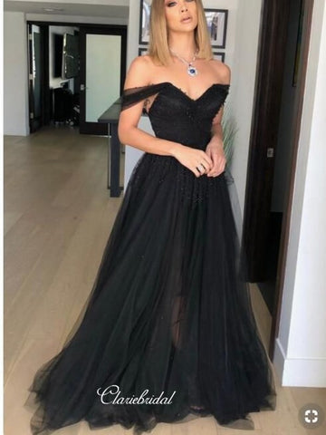 Black Beaded Tulle Prom Dresses, Off Shoulder Long Prom Dresses, Newest Prom Dresses