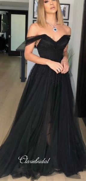 Black Beaded Tulle Prom Dresses, Off Shoulder Long Prom Dresses, Newest Prom Dresses