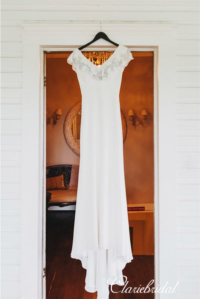 V-neck Rhinestone Beaded Long Sheath Ivory Wedding Dresses